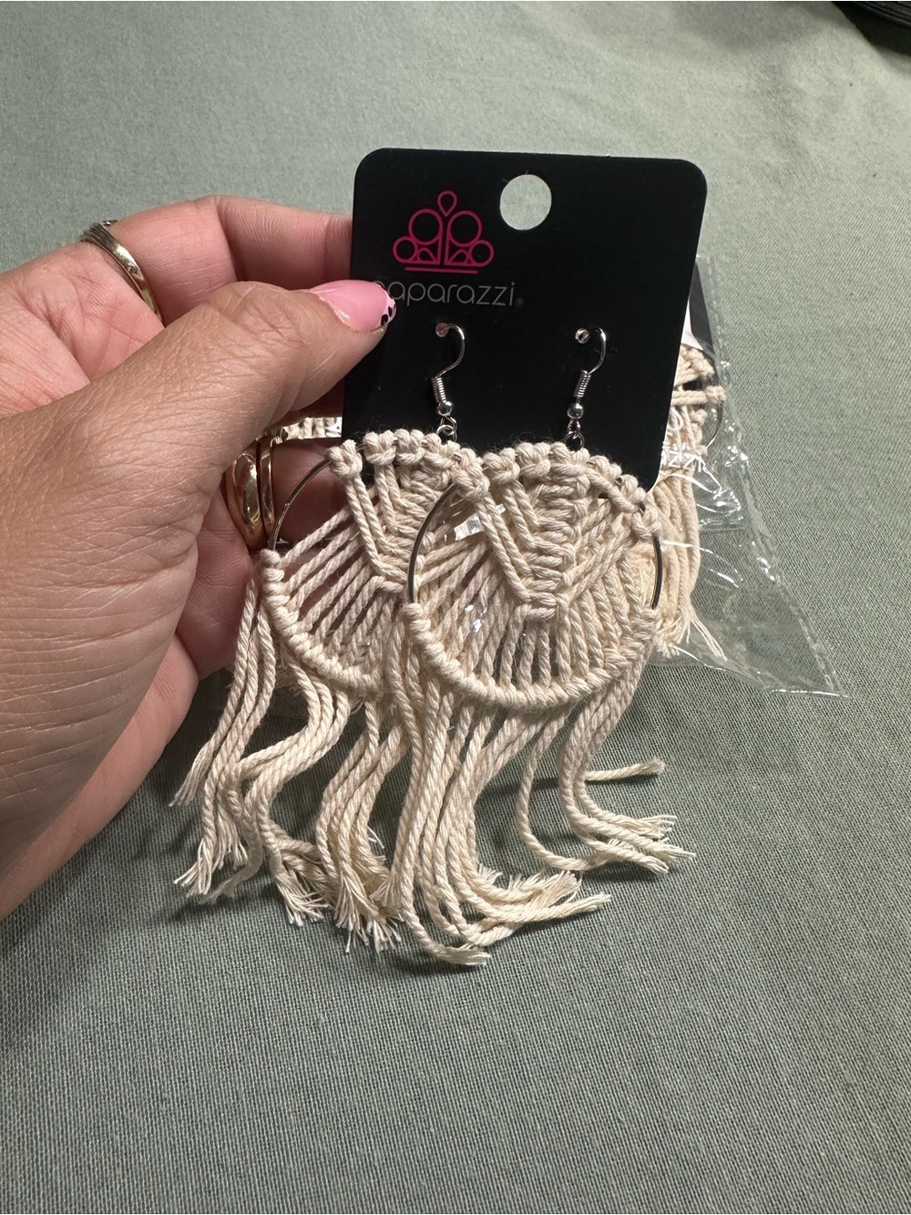 Paparazzi Cream Macramé Fringe Hoop Earrings - Boho Statement